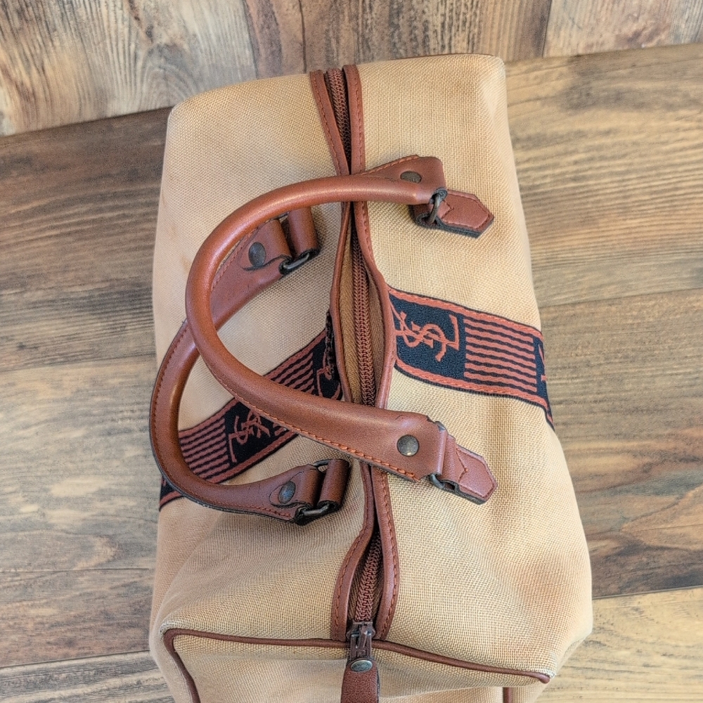YSL Yves Saint Laurent Vintage Canvas Mini Boston Brown Leather Trim HandBag - Picture 6 of 13